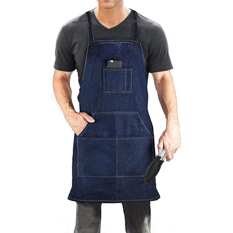 Dadidyc Denim Jean Tool Apron with 4 Pockets Waterproof Adjustable Canvas Lightweight Work Apron Blue - Image 1